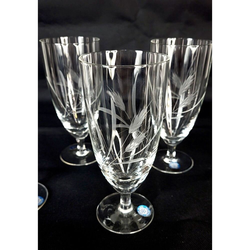 Vintage Sasaki Crystal Etched Wheat Wine Water Goblets Set of Six Japan NEW